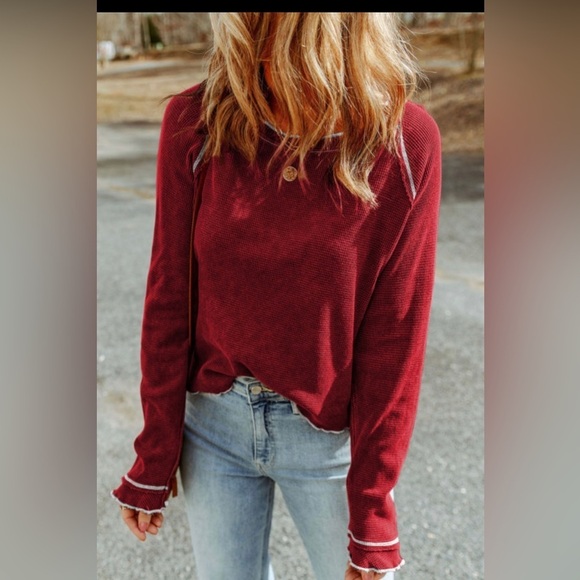 Tops - CHRISTMAS DROP: Boutique Fiery Red Textured Round Neck Long Sleeve Top